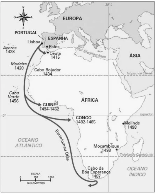 Observe o mapa das expedições portuguesas na costa da África.