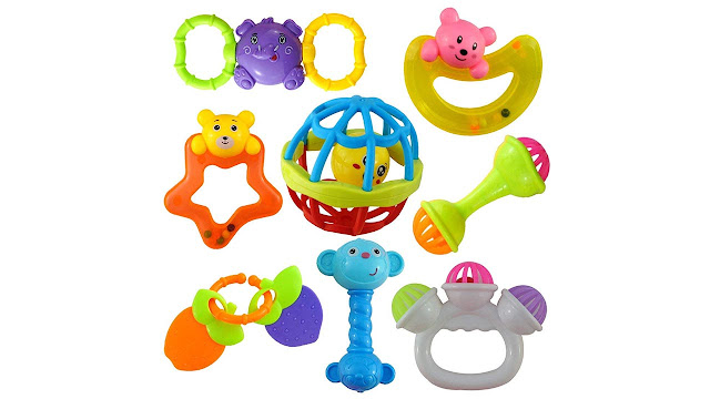 Wishkey Colourful Non Toxic Set of 8 Teether and Rattle for New Borns & Infants
