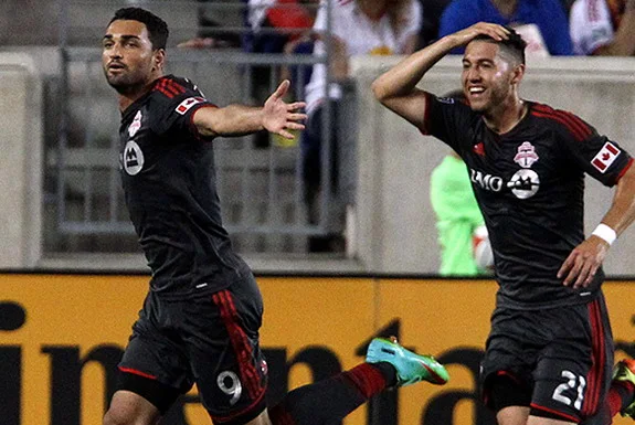 Toronto FC striker Gilberto celebrates after scoring a goal against New York Red Bulls