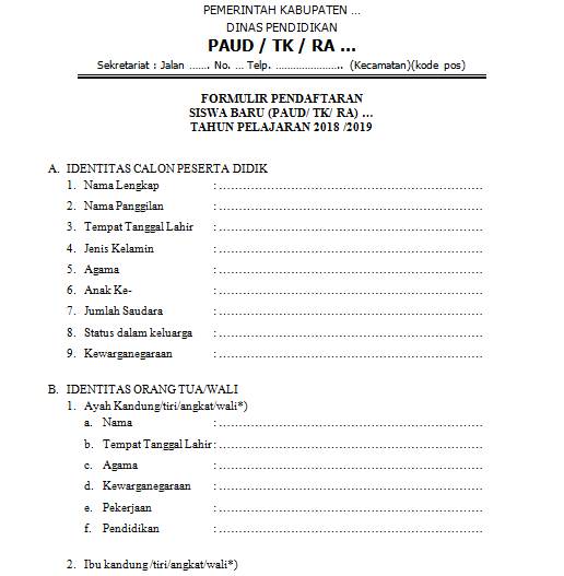 Contoh Formulir Pendaftaran Siswa Baru 2018