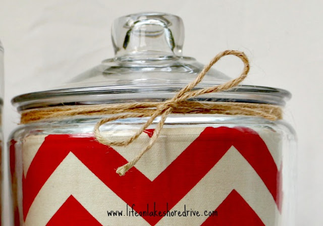 DIY Easy Chevron Lined Glass Cannister Makeover with Twine Trim   Life on Lakeshore Drive