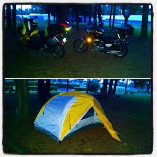 Harrisburg East campsite, Hades and Bumblebee in the woods, tent