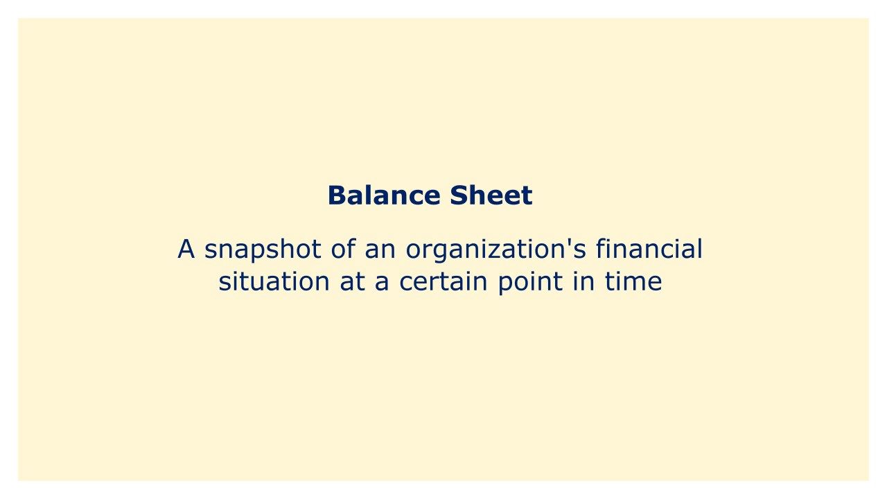 A balanced sheet is a type of financial statement that provides a snapshot of an organization's financial situation at a certain point in time.