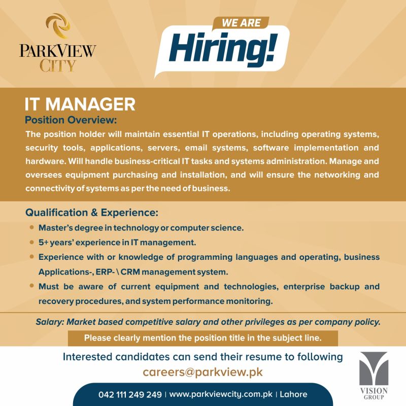 Park View City Announced jobs for IT Manager