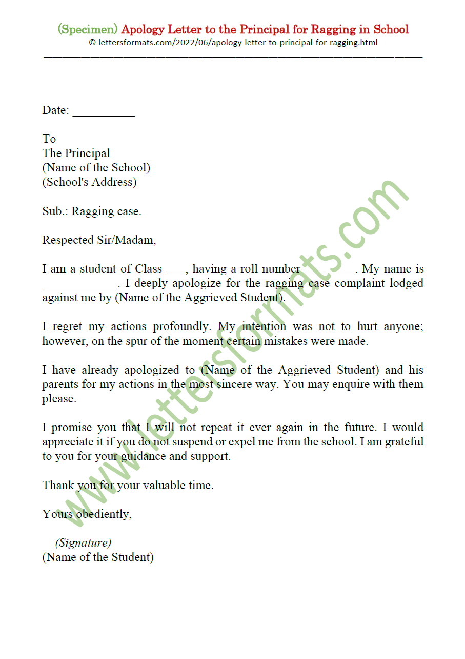 Sample Apology Letter to the Principal for Ragging in School