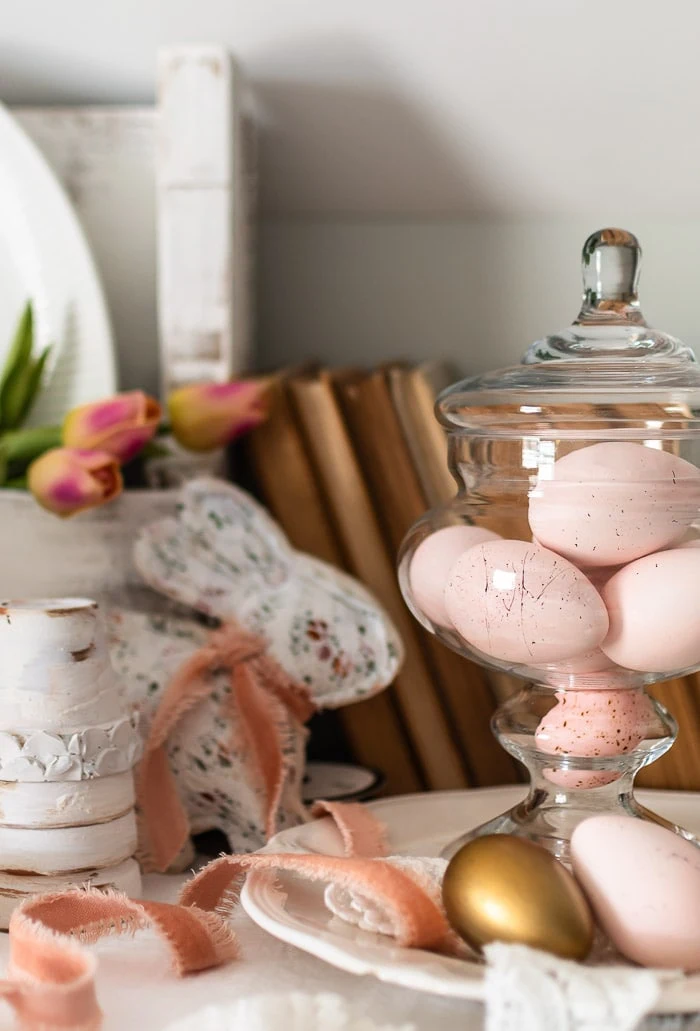 eggs in jar, pink velvet ribbon