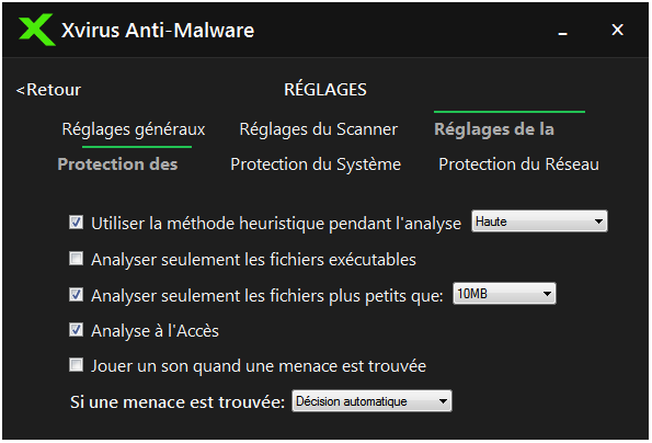 Xvirus (Réglages de la protection )