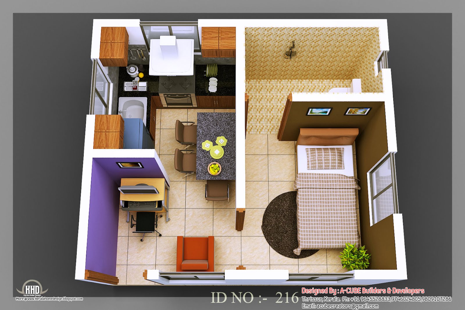 3D isometric views of small  house  plans  Kerala home  