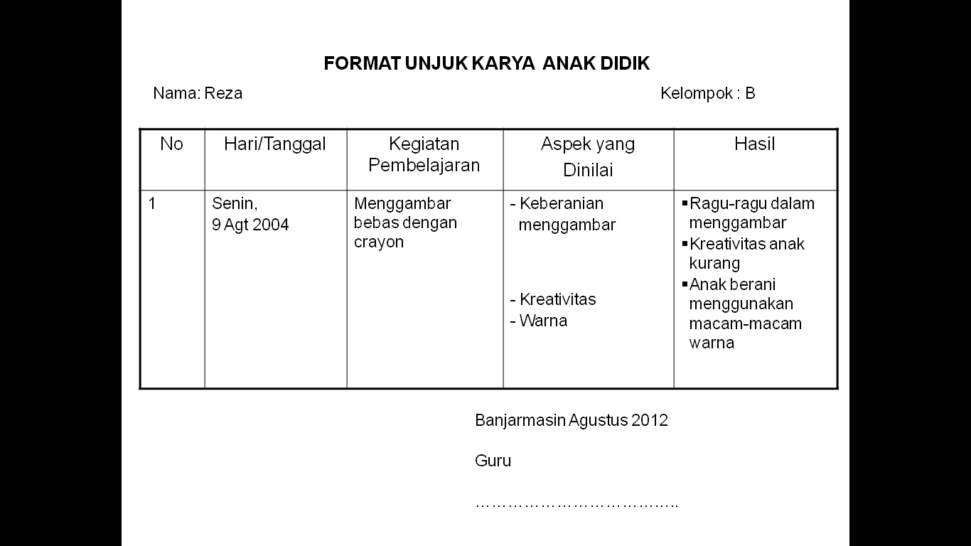 CONTOH FORMAT EVALUASI DAN PENILAIAN PAUD  ANAK PAUD 