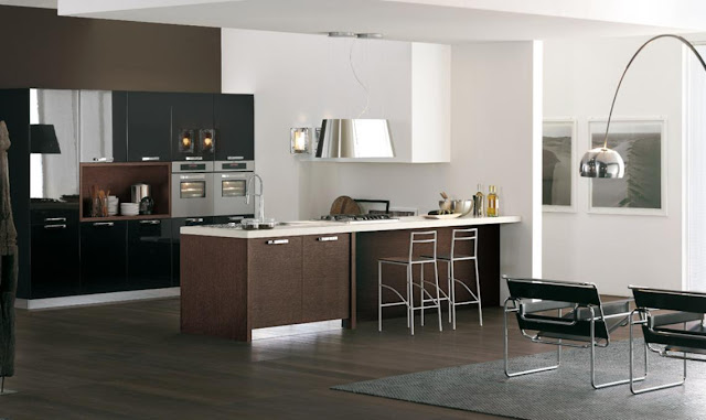 Modern kitchen with brown red blue theme, area by stoso