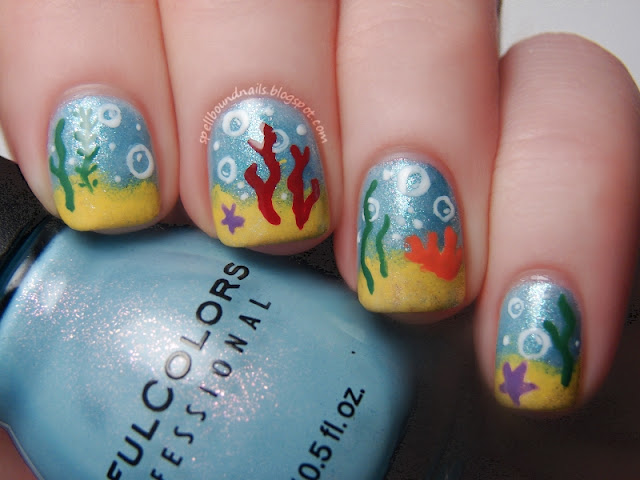 Disney Challenge The Little Mermaid nails nail art Spellbound Nails Nail Lacquer underwater water sea ocean coral seaweed ProfessionalDQ bubbles sand freehand sponging Sinful Colors Cinderella