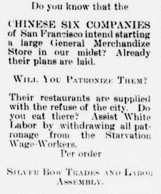 Anti-Chinese ad from The Weekly Tribune, Great Falls, November 4, 1892, page 7.