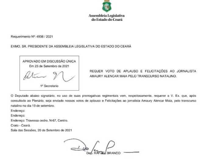 Assembleia Legislativa Do Ceará Aprova Moção De Congratulações Para Jornalista Amaury Alencar, Rafael Branco Foi O Autor.