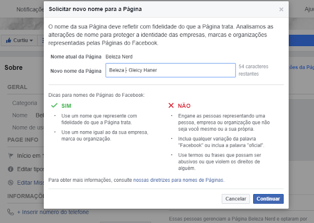 como mudar o nome da minha pagina no facebook