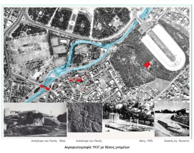 Αεροφωτογραφία του 1937 με θέσεις αρχαίων μνημείων της Νότιο Ανατολικής όχθης της μεσαιωνικής κοίτης και της νεότερης επί Όθων γέφυρα που οδηγούσε στο πρώτο νεκροταφείο Αθηνών.Φωτογραφία από την στρατηγική μελέτη που έχει παρουσιάσει ο Ιωσήφ Ευφραιμίδης.