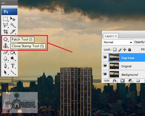 bagian atas gedung yang telah disembunyikan menggunakan clone stamp tool dan patch tool