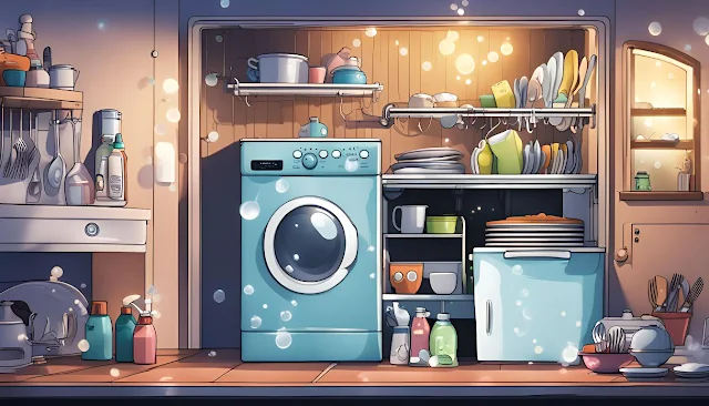 "Animated dishwasher with sparkling dishes"