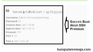 Succes membuat akun SSH Premium Server japan