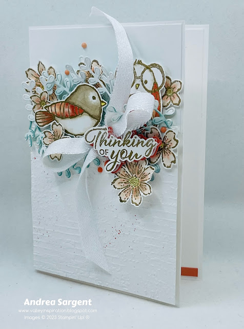 Show someone you are thinking of them with a personally created card using Calypso Coral, Bird’s Eye View, Petal Park and Gorgeously Made.