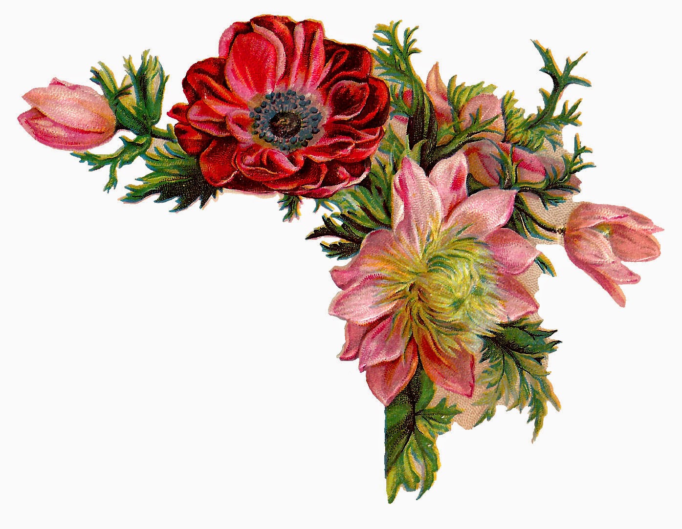 Antique Images: Free Digital Flower Images of Corner Design with Red 