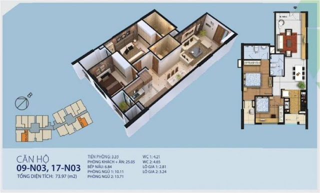 Diện tích : 73,97 m2 ( 2 phòng ngủ, 2 vệ sinh )- căn hộ NO3-09-17