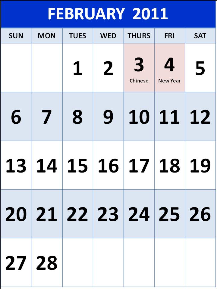 February 2011 calendar with holidays