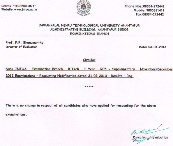 JntuA Btech R05 Supplementary  Recounting Results November , December 2012 