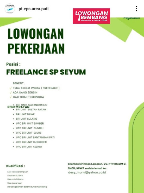 10 Lowongan Kerja Pegawai Freelance SP Seyum Pegadaian BRI Unit Rembang