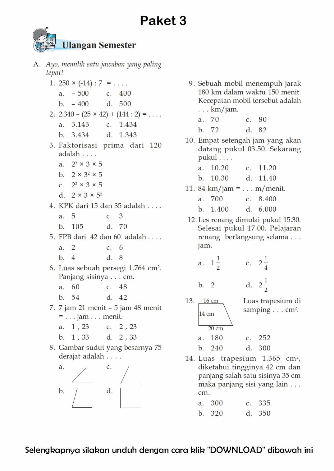 Download Soal  UAS Ganjil Kelas  5 Semester  1  Matematika 
