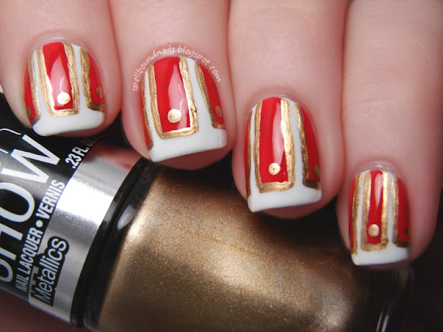 Time Periods nail art Challenge Ancient Rome Spellbound Nails Lacquer red gold white skirt pteruges soldier