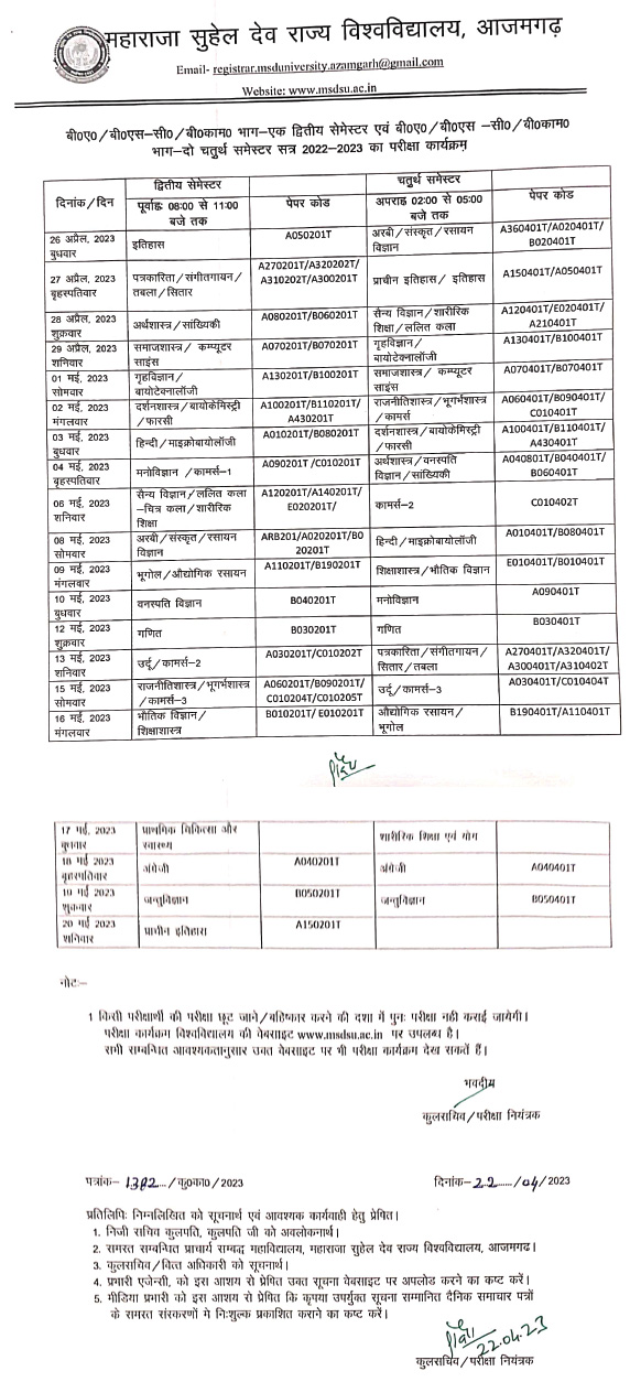 Azamgarh University Time Table 2023 for BA, B.Com, B.Sc of 2nd Sem and 4th Sem