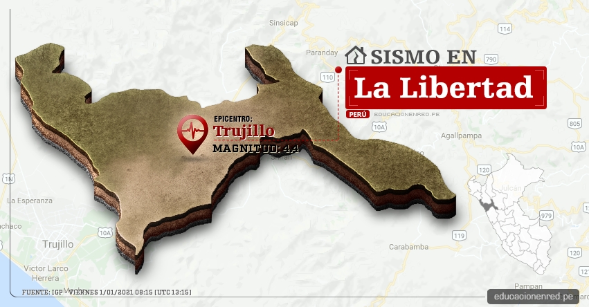 Temblor en La Libertad de Magnitud 4.4 (Hoy Viernes 1 Enero 2021) Sismo - Epicentro - Trujillo - IGP - www.igp.gob.pe