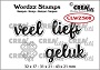 Clearstempels (4 stuks) met de woorden "veel" "liefs" en "geluk" en een klavertje vier. Clear stamps (4 pieces) with the words "much" "love" and "luck" (Dutch words) and a four-leaf clover.