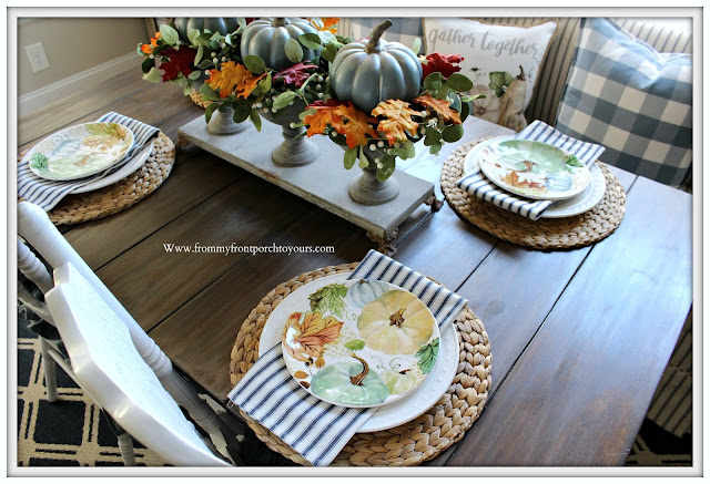 Fall- Pumpkin-Dinnerware-Plates-Blue-White-Green-Ticking-Stripe-Farmhouse-Style-Cottage-Style-From My Front Porch To Yours