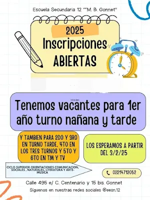 Cartel de inscripciones abiertas para el ciclo lectivo 2025 en la Escuela Secundaria N°12 "M. B. Gonnet", que ofrece vacantes en diversos turnos y orientaciones educativas.