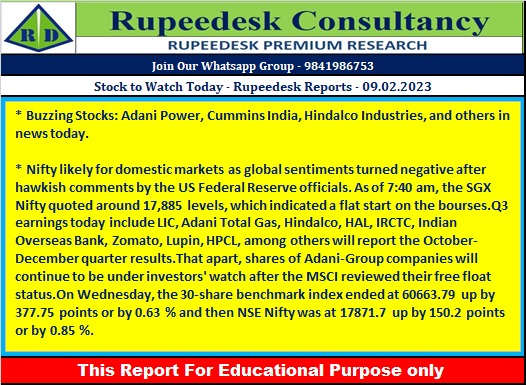 Stock to Watch Today - Rupeedesk Reports - 09.02.2023