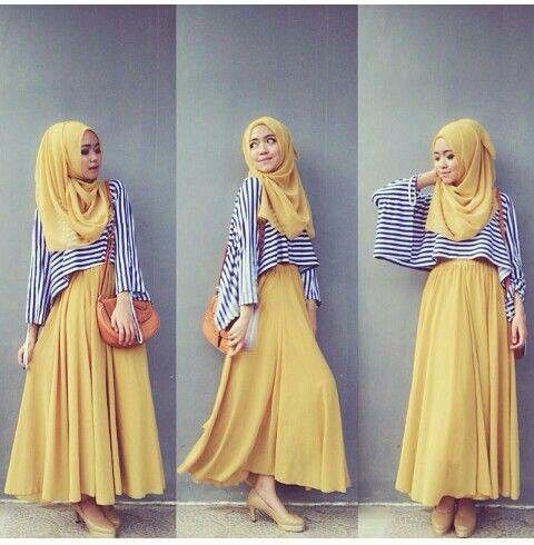 Yellow long skirt and navy cropped long tee | hijab