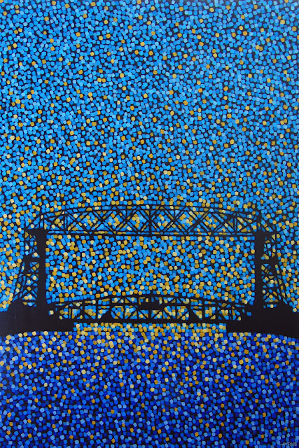 Aerial Lift Bridge 3, sun sparkles, aaron kloss, siiviis gallery, duluth mn, pointillism