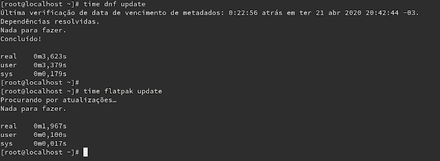 Benchmark de busca por atualização entre DNF e o Flatpak. Claro que nenhum dos dois precisou resolver nada, mas foi para fins de teste (inclusive, até nada a resolver é um teste valido).