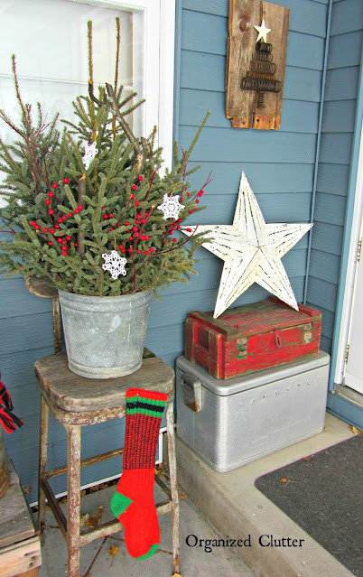 Photo of a junk decorated Christmas patio.
