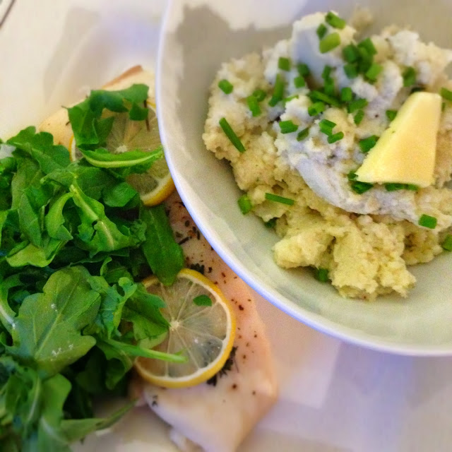 Baked fish and cauliflower mashed potatoes