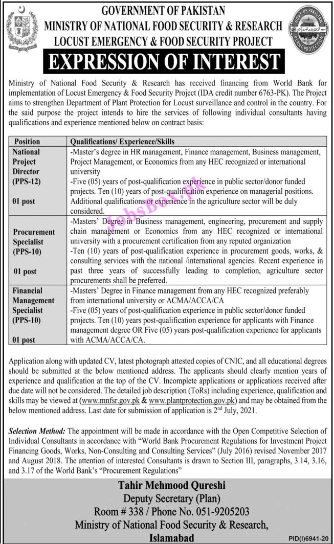 Ministry of National Food Security & Research Jobs 2021 MNFSR