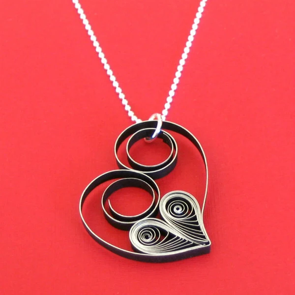 black and silver handmade quilled heart pendant on silver ball chain