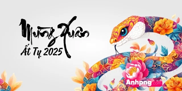 Banner Tết 2025 với linh vật rắn hoa văn, chữ thư pháp Mừng Xuân Ất Tỵ và sắc xuân nhẹ nhàng