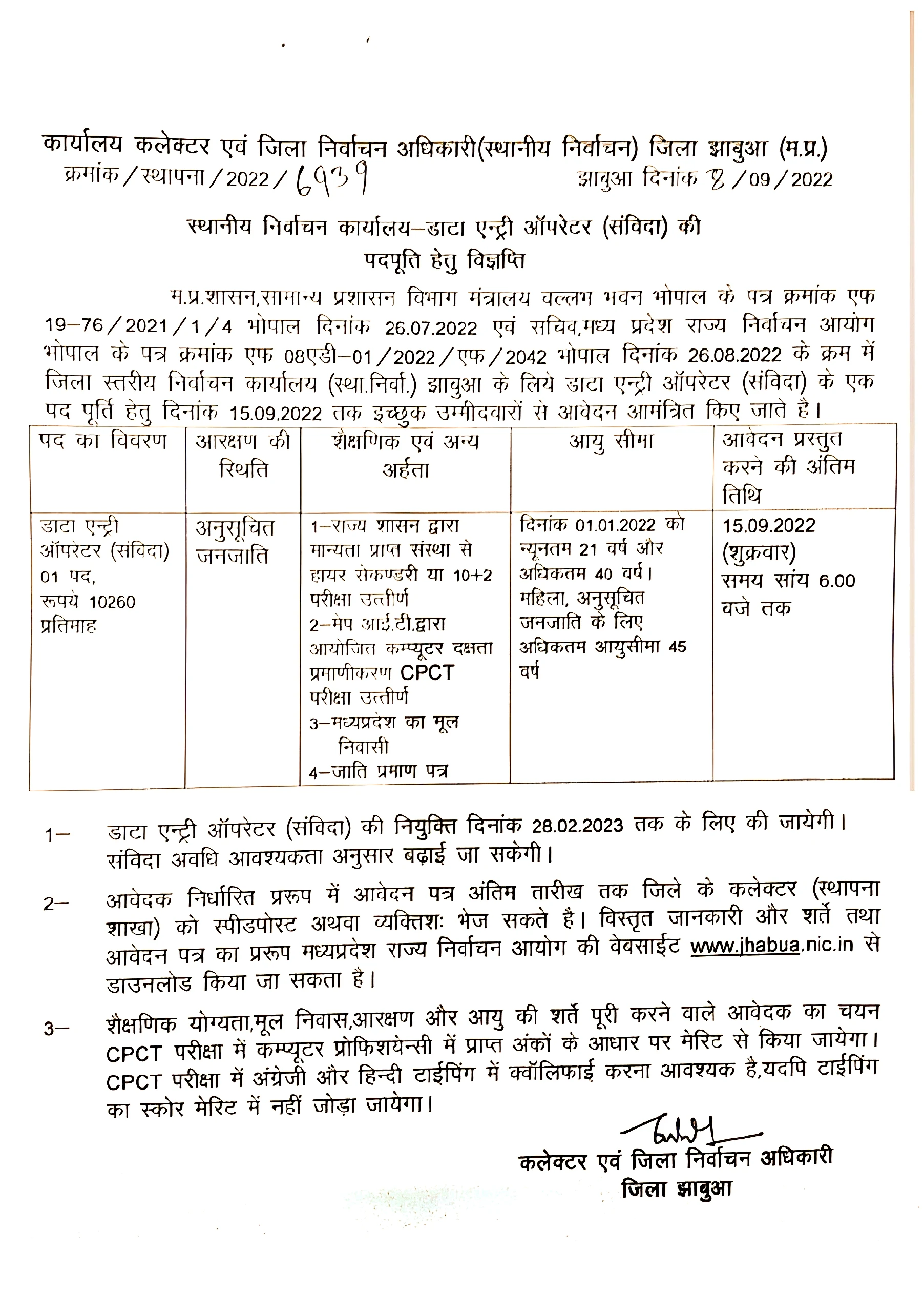 Jhabua Jobs, jhabua collector office job- झाबुआ कलेक्ट्रेट में डाटा एंट्री ऑपरेटर पदों पर निकली भर्तिया