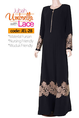 Jubah Umbrella Lace JEL-28 Black Depan 2