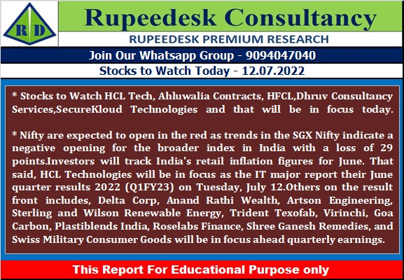 Stock to Watch Today - Rupeedesk Reports - 12.07.2022