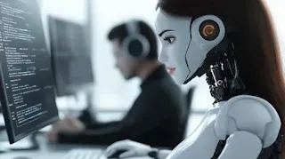 Imagem gerada por IA mostrando Humano e IA trabalhando juntos