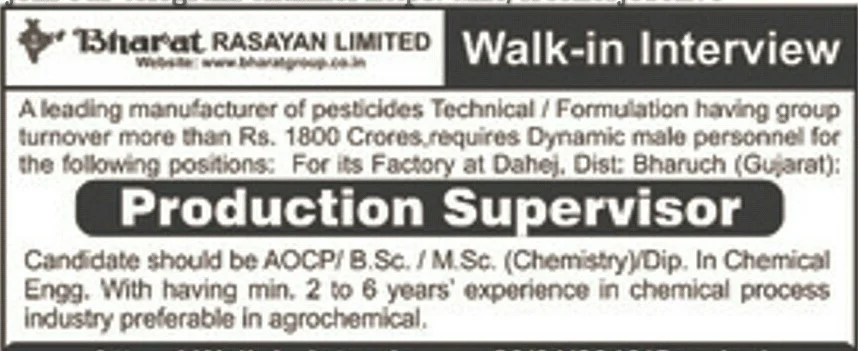 Urgent Requirement for the Post of Operator/Supervisor with Reputed Chemical Company at Dahej Location.