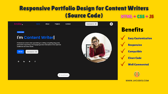 Responsive Portfolio Design for Content Writer Using HTML, CSS, and JavaScript (Free Source Code)